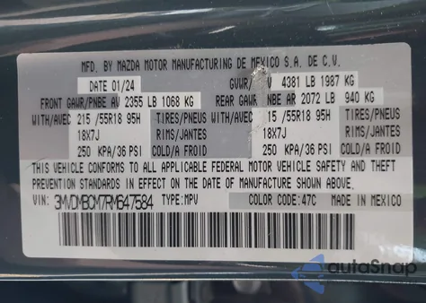 2024 Mazda Cx-30 2.5 S Carbon Edition z USA, uszkodzony, nr VIN 3MVDMBCM7RM647584